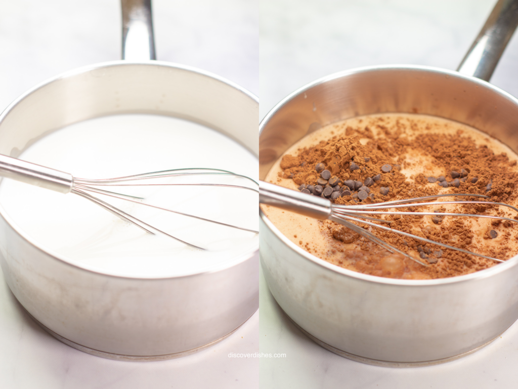 Two images showing the process of heating milk, and incorporating cocoa powder into hot chocolate.